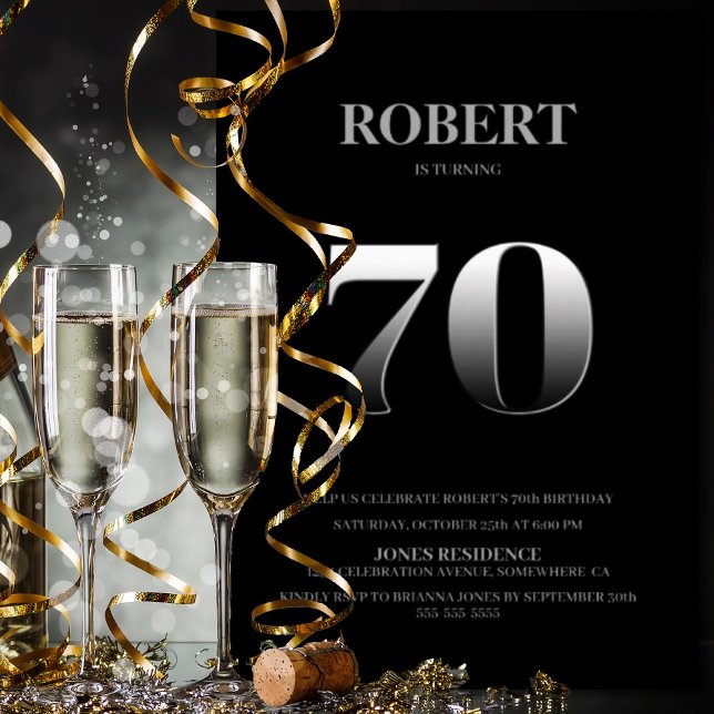 Minimalist Black and Silver 70th Birthday Party Invitation (Creator Uploaded)