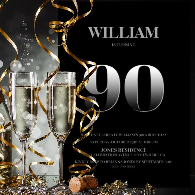 Minimalist Black and Silver 90th Birthday Party Invitation (Creator Uploaded)