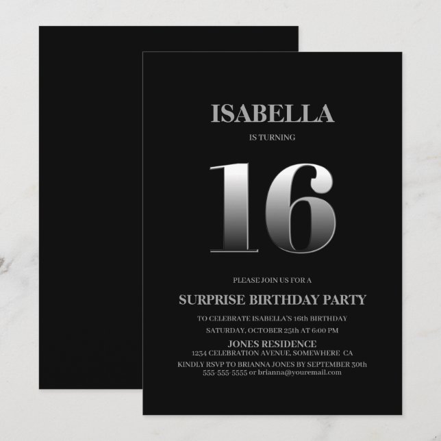 Minimalist Black and Silver Surprise 16th Birthday Invitation (Front/Back)