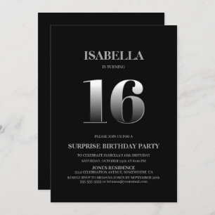 Minimalist Black and Silver Surprise 16th Birthday Invitation