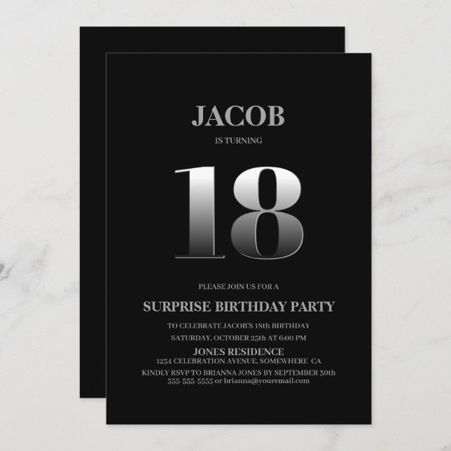 Minimalist Black and Silver Surprise 18th Birthday Invitation (Front/Back)
