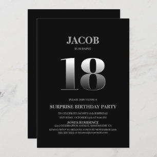 Minimalist Black and Silver Surprise 18th Birthday Invitation