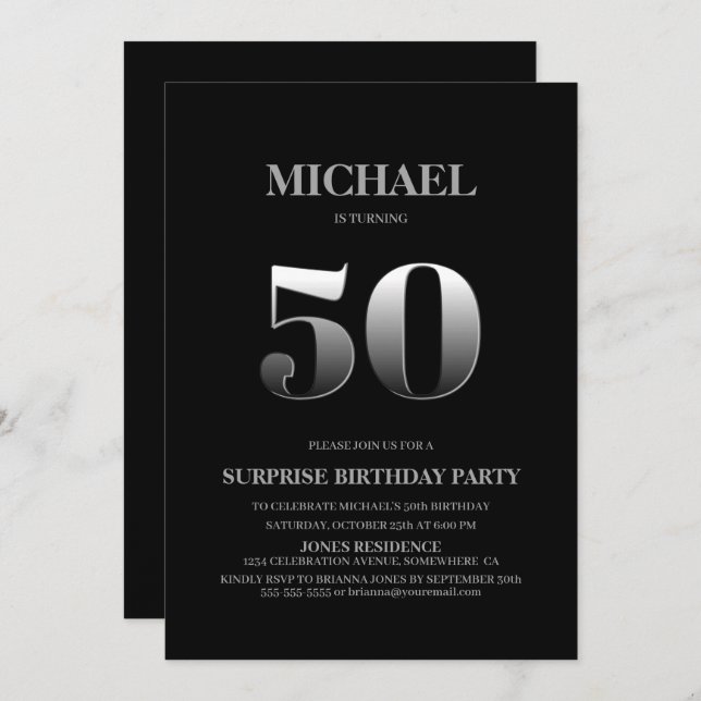 Minimalist Black and Silver Surprise 50th Birthday Invitation (Front/Back)