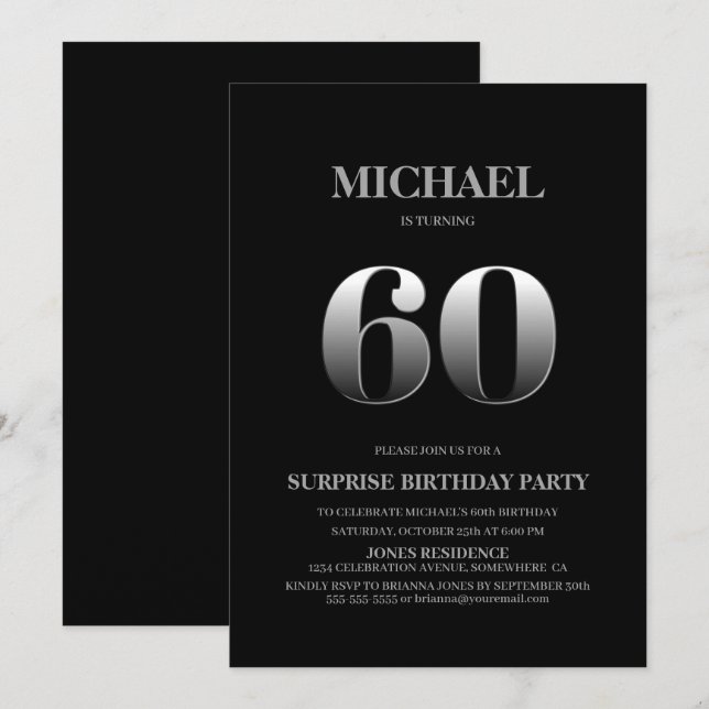 Minimalist Black and Silver Surprise 60th Birthday Invitation (Front/Back)