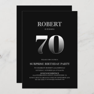 Minimalist Black and Silver Surprise 70th Birthday Invitation