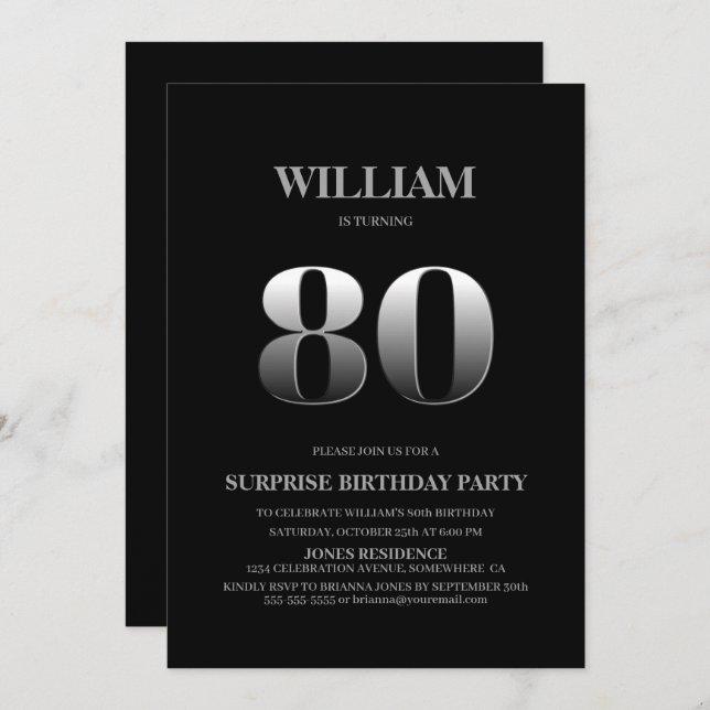 Minimalist Black and Silver Surprise 80th Birthday Invitation (Front/Back)