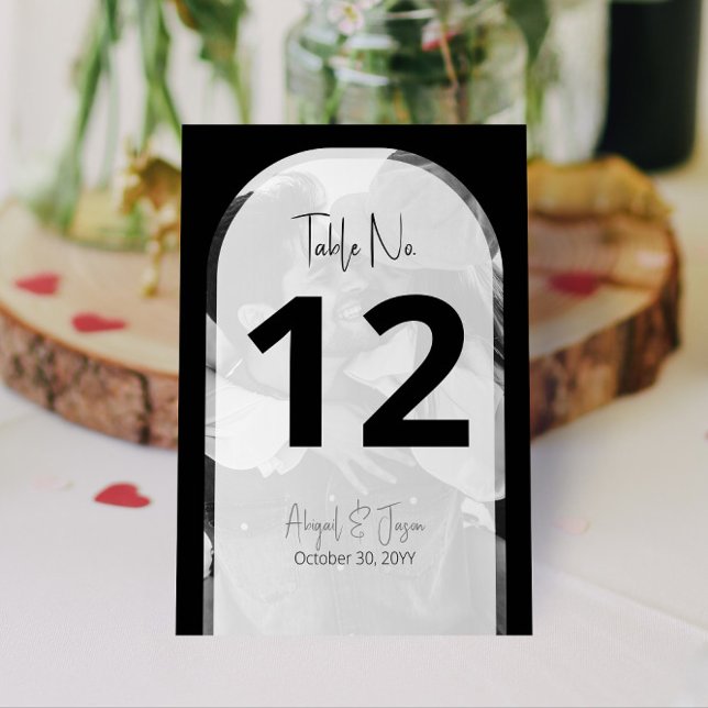 💍 Minimalist Black and White Arched Photo Wedding Table Number (Your photo is automatically converted for our minimalist black + white arched Wedding Table Numbers)