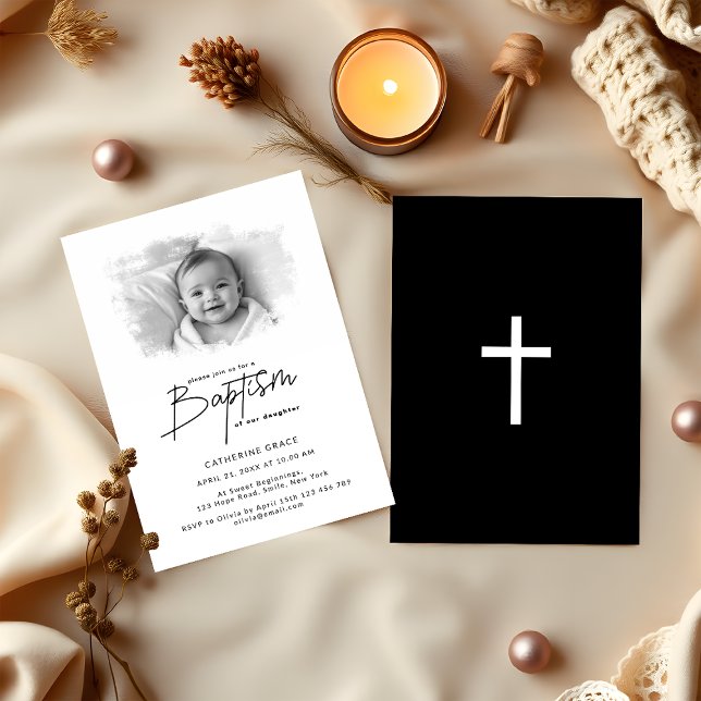 Minimalist Black and White Baby Photo Baptism Invitation (Creator Uploaded)