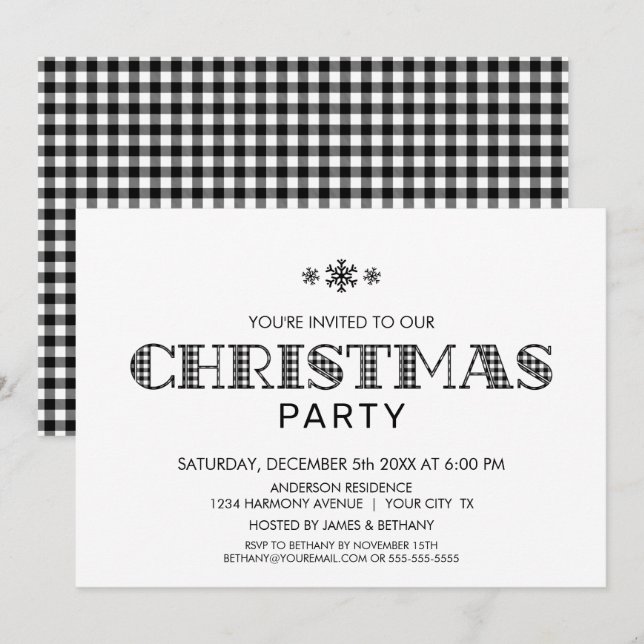 Minimalist Black and White Buffalo Plaid Christmas Invitation (Front/Back)