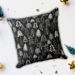 Minimalist Black and White Chalk Christmas Trees  Cushion