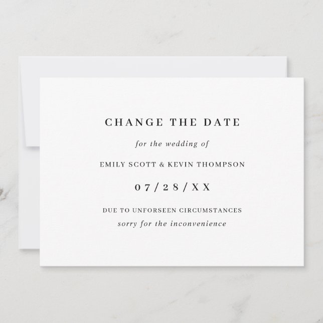 Minimalist Black and White Change the Date Announcement (Front)