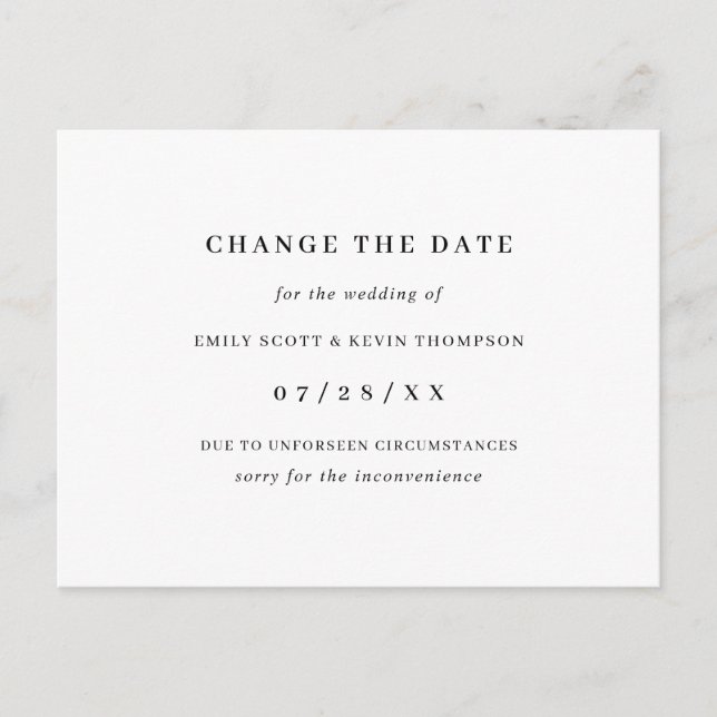 Minimalist Black and White Change the Date Announcement Postcard (Front)