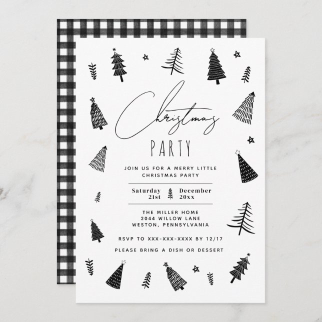 Minimalist Black and White Christmas Party Invitation (Front/Back)