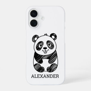 Minimalist Black and White Cute Panda Drawing iPhone 16 Case
