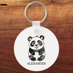 Minimalist Black and White Cute Panda Drawing Key Ring