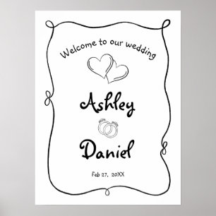 Minimalist Black and White Doodle Wedding Welcome Poster