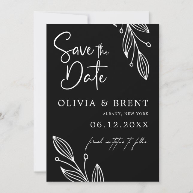Minimalist Black and White Eucalyptus Leaf Wedding Save The Date (Front)