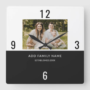 Minimalist Black And White Family Name Photo Square Wall Clock