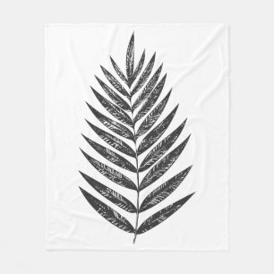 Minimalist Black and White Fern Drawing Fleece Blanket