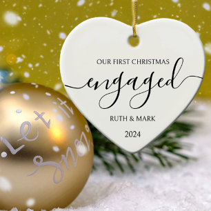 Minimalist Black and White First Christmas Engaged Ceramic Ornament