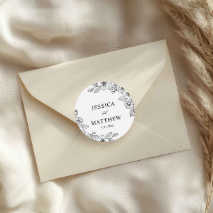 Minimalist Black and White Floral Classic Round Sticker