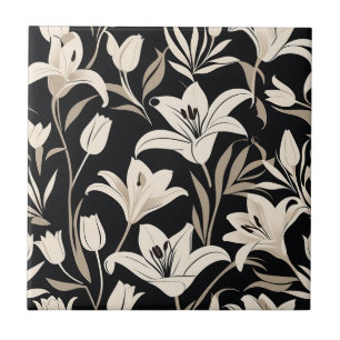 Minimalist Black and White Floral Pattern Ceramic Tile