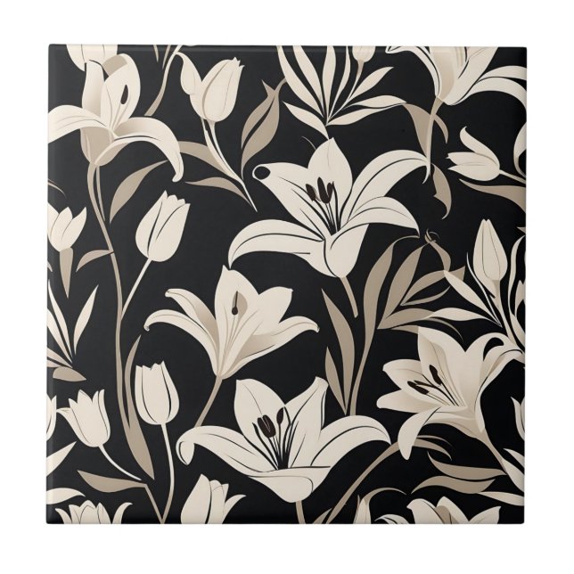 Minimalist Black and White Floral Pattern Ceramic Tile (Front)