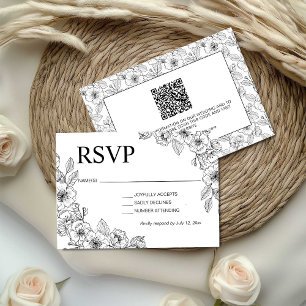 Minimalist Black and White Floral  RSVP Card