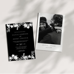 Minimalist Black and White Floral Wedding Photo Invitation