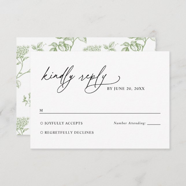 Minimalist Black and White Green Wedding RSVP Card (Front/Back)