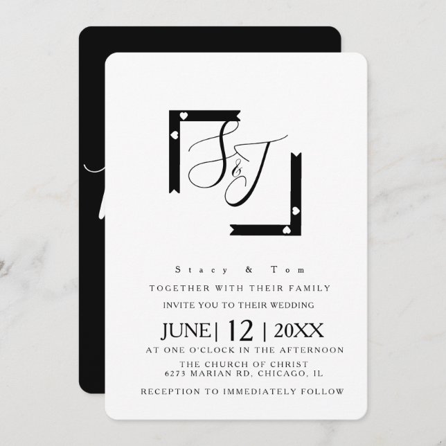 Minimalist Black and White Heart Bar Wedding Suite Invitation (Front/Back)
