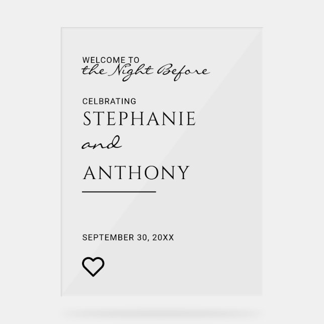 Minimalist Black And White Heart Modern Rehearsal  Acrylic Sign (Front)