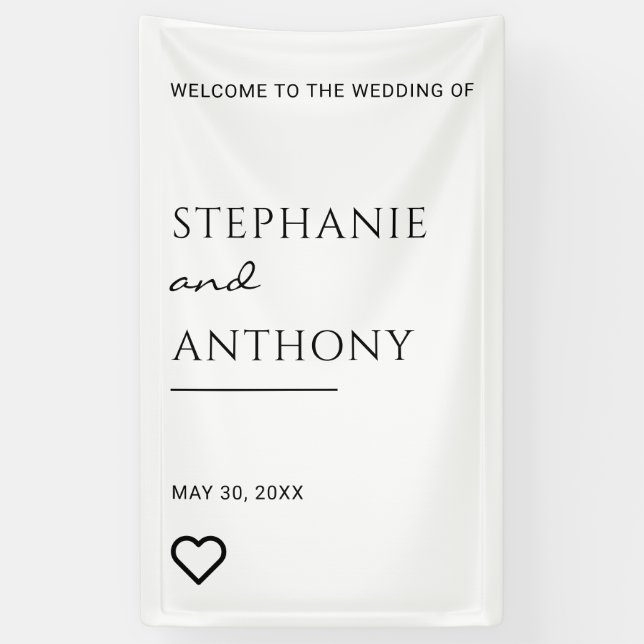 Minimalist Black And White Heart Modern Wedding  Banner (Vertical)