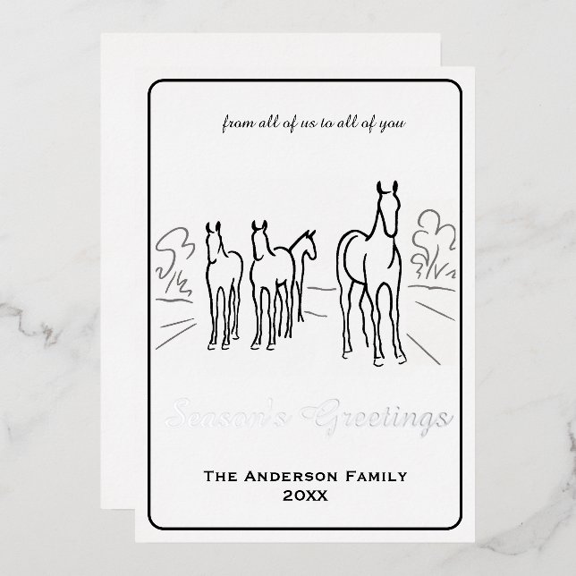 Minimalist Black and White Homecoming Wild horses Foil Holiday Card (Front/Back)