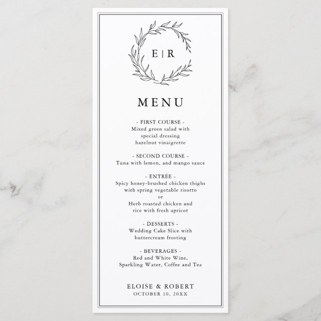 Minimalist Black and White Leaf Modern Wedding Menu (Front)