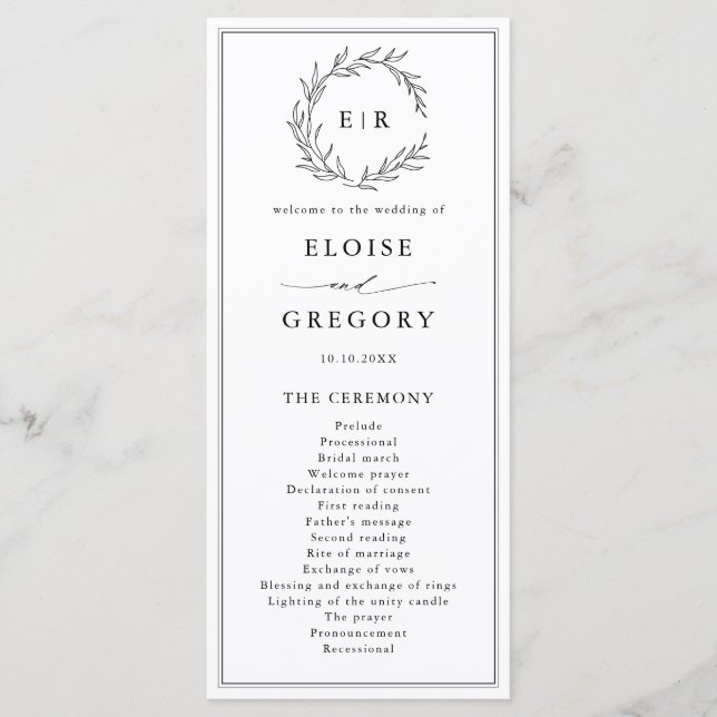 Minimalist Black and White Leaf Modern Wedding Program (Front)