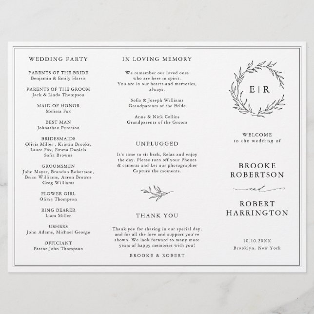 Minimalist Black and White Leaf Wedding program (Front)
