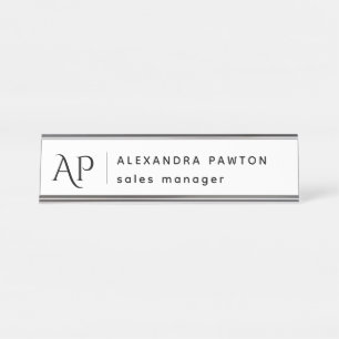 Minimalist Black and White Minimalist Monogram Desk Name Plate