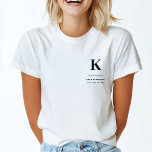 Minimalist Black and White Modern Monogram T-Shirt<br><div class="desc">A minimalist vertical design in an elegant style in monochrome black and white and large typographic initial monogram. The text can easily be customised for a design as unique as you are!</div>