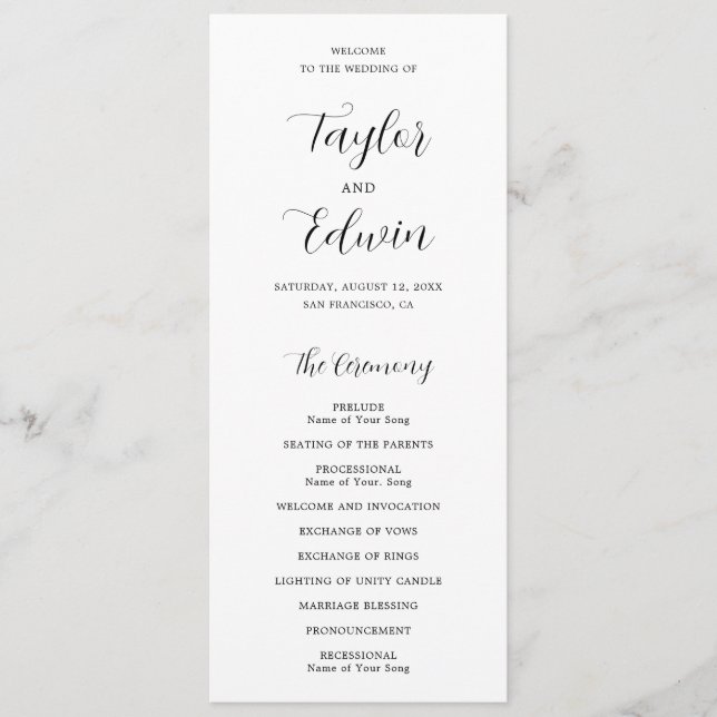 Minimalist Black and White Modern Wedding Program (Front)