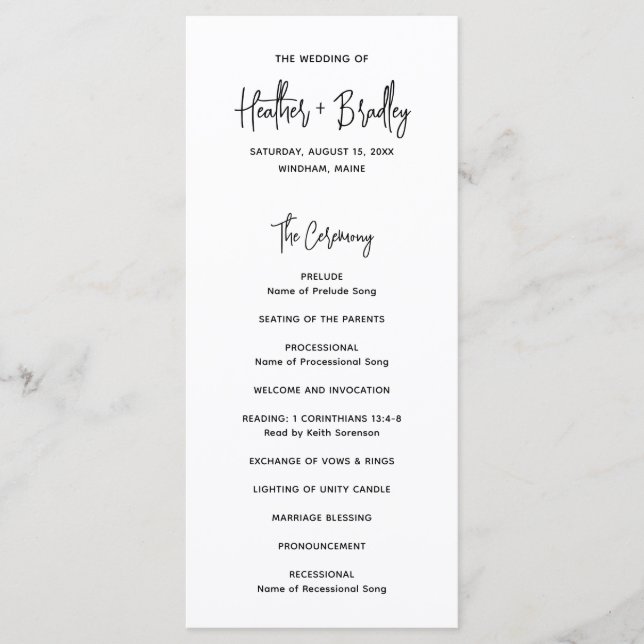 Minimalist Black and White Modern Wedding Program (Front)