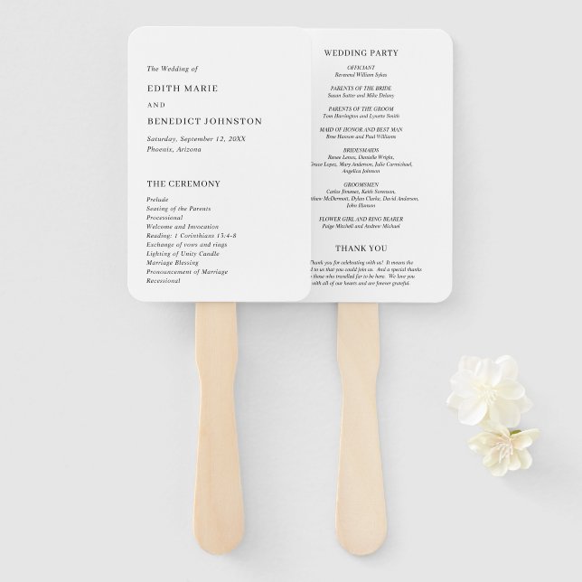 Minimalist Black and White Modern Wedding Program Hand Fan (Front and Back)