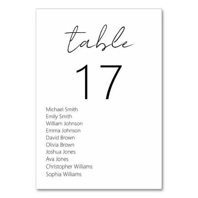 Minimalist Black and White Modern Wedding Table Number (Front)