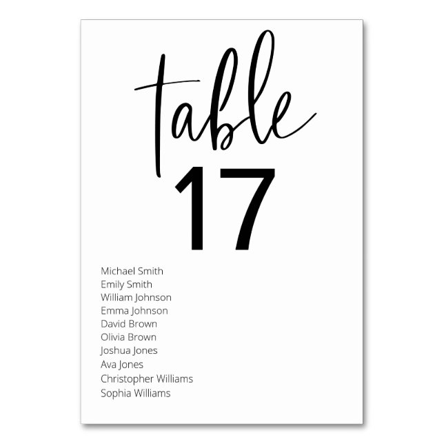 Minimalist Black and White Modern Wedding Table Number (Front)