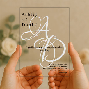 Minimalist Black And White Monogram Chic Wedding Acrylic Invitations