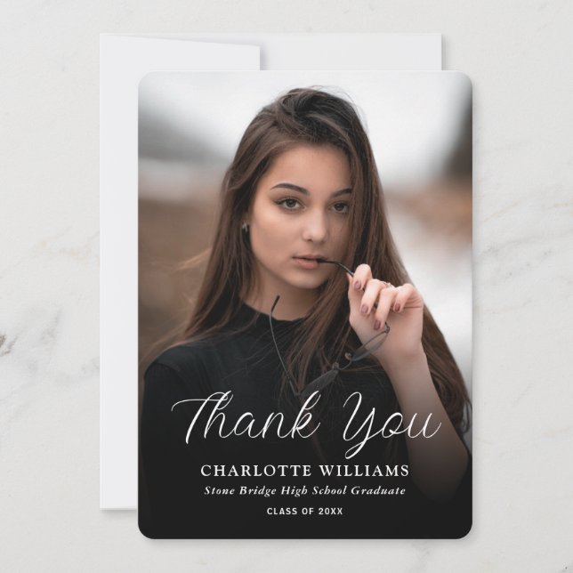 Minimalist Black and White Photo Graduation Thank You Card (Front)