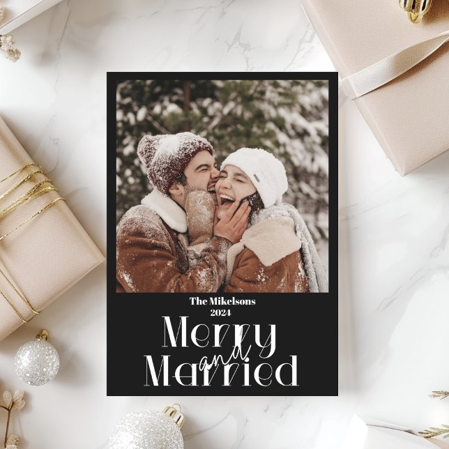 Minimalist Black and White Photo Merry and Married Holiday Card (Creator Uploaded)