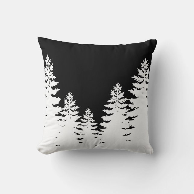 Minimalist black and white pine tree silhouette  cushion (Front)