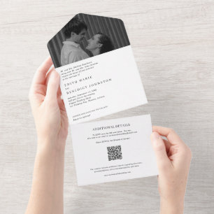 Minimalist Black and White QR Code Photo Wedding All In One Invitation