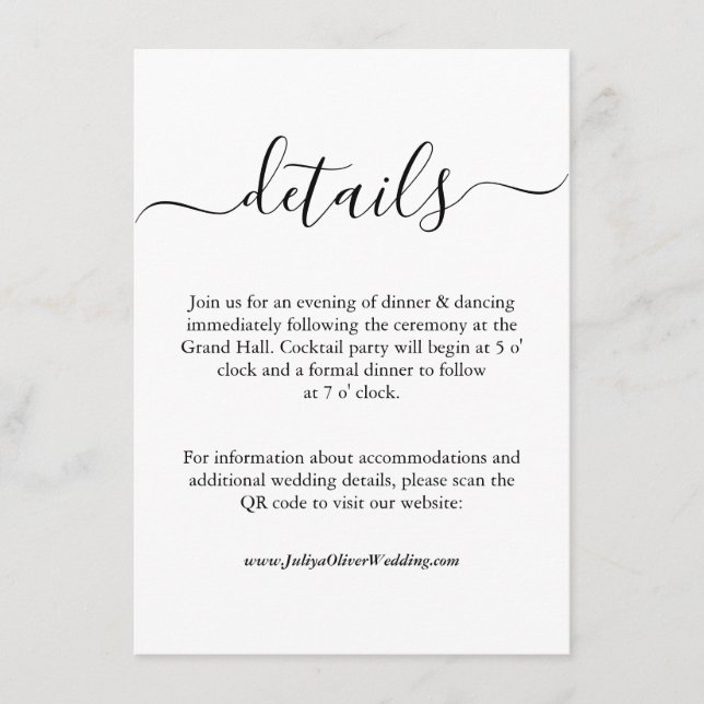 Minimalist Black and white QR code wedding Details Enclosure Card (Front)